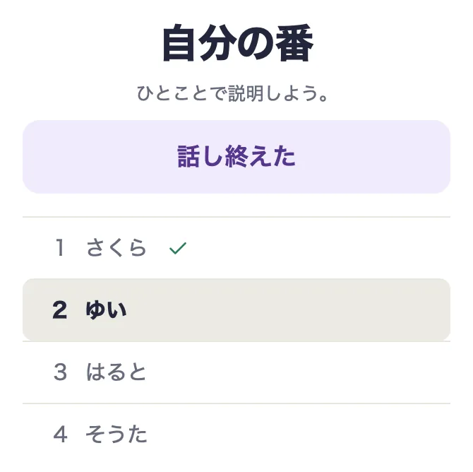 「自分の番」「ひとことで説明しよう」の下に「話し終えた」ボタンと話す順番（1人目は終了、残り3人）